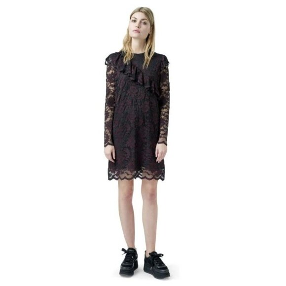 Ganni Flynn Mini Lace Dress in Red Black -  size 4 - Picture 1 of 9